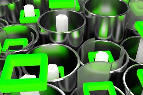 Pattern of metal tubes, hexagons, square elements and glass surfaces Stock Illustration