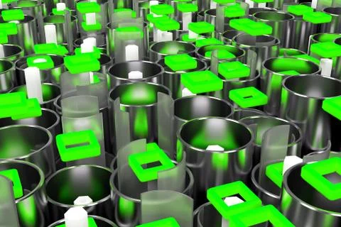 Pattern of metal tubes, hexagons, square elements and glass surfaces Stock Illustration