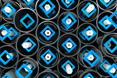 Pattern of metal tubes, hexagons, square elements and glass surfaces Stock Illustration