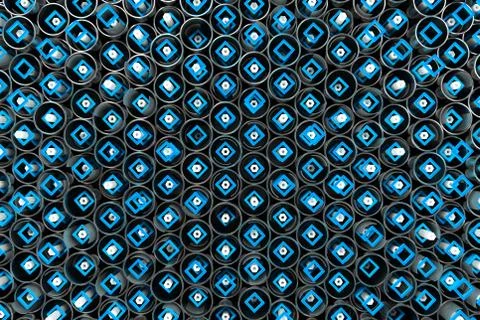 Pattern of metal tubes, hexagons, square elements and glass surfaces Illustrazione stock