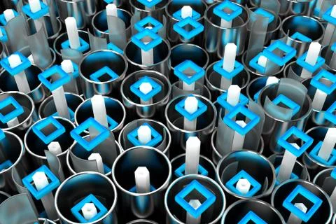 Pattern of metal tubes, hexagons, square elements and glass surfaces Stockillustratie