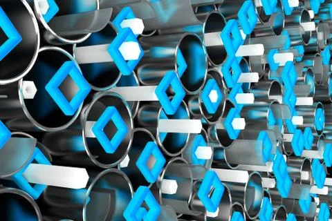 Pattern of metal tubes, hexagons, square elements and glass surfaces Stock Illustration