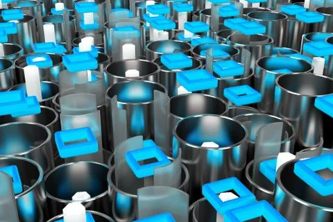 Pattern of metal tubes, hexagons, square elements and glass surfaces Stock Illustration