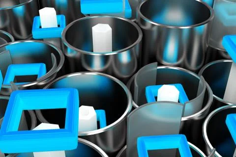 Pattern of metal tubes, hexagons, square elements and glass surfaces Stock Illustration