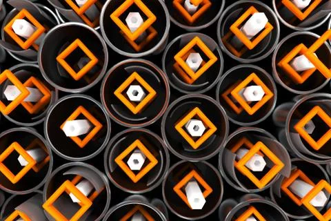 Pattern of metal tubes, hexagons, square elements and glass surfaces Stock Illustration