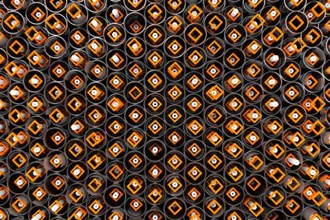 Pattern of metal tubes, hexagons, square elements and glass surfaces Stock Illustration