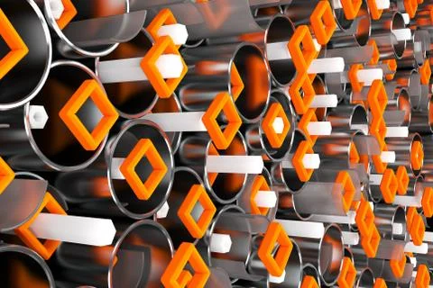 Pattern of metal tubes, hexagons, square elements and glass surfaces Stock Illustration