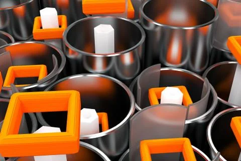 Pattern of metal tubes, hexagons, square elements and glass surfaces 스톡 일러스트