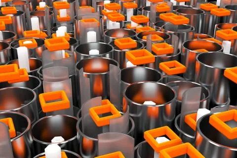 Pattern of metal tubes, hexagons, square elements and glass surfaces Stock Illustration
