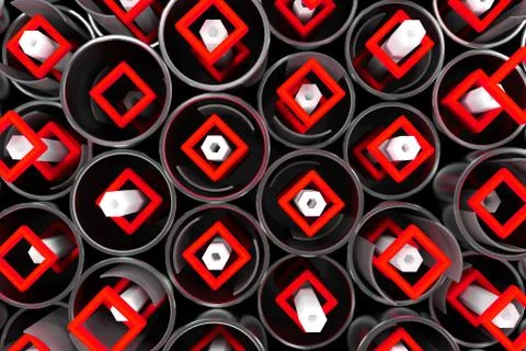 Pattern of metal tubes, hexagons, square elements and glass surfaces Stock Illustration