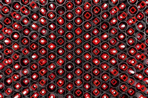 Pattern of metal tubes, hexagons, square elements and glass surfaces Stock Illustration