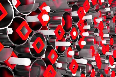 Pattern of metal tubes, hexagons, square elements and glass surfaces Stock Illustration