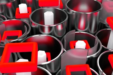 Pattern of metal tubes, hexagons, square elements and glass surfaces Stock Illustration