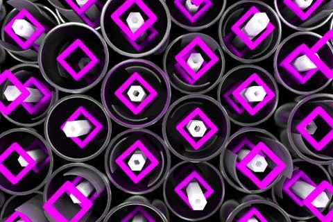 Pattern of metal tubes, hexagons, square elements and glass surfaces Stock Illustration