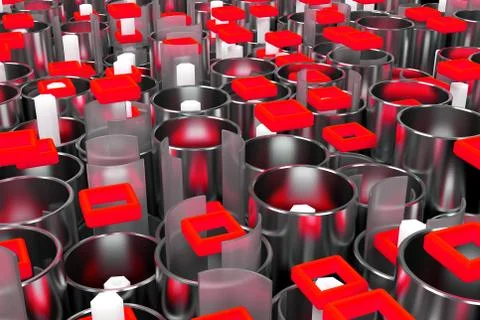 Pattern of metal tubes, hexagons, square elements and glass surfaces Stockillustratie