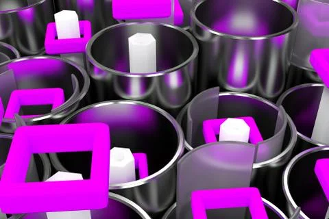Pattern of metal tubes, hexagons, square elements and glass surfaces Stockillustratie