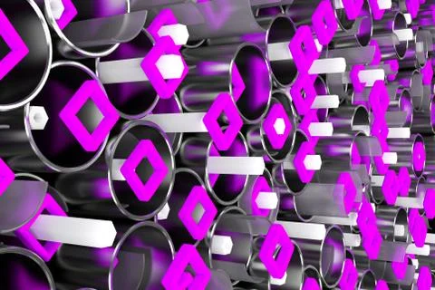 Pattern of metal tubes, hexagons, square elements and glass surfaces Stock Illustration