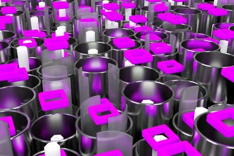 Pattern of metal tubes, hexagons, square elements and glass surfaces Stock Illustration