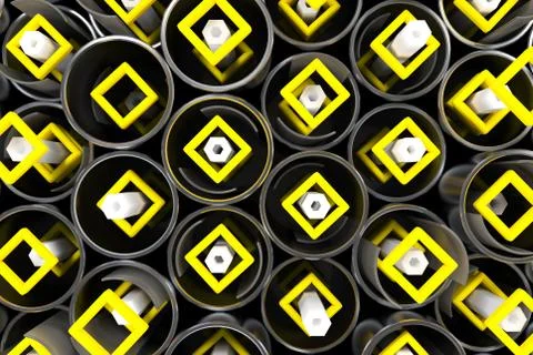 Pattern of metal tubes, hexagons, square elements and glass surfaces Stock Illustration