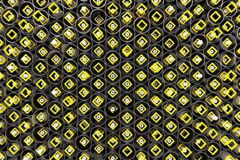 Pattern of metal tubes, hexagons, square elements and glass surfaces Stock Illustration