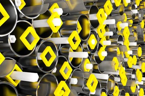 Pattern of metal tubes, hexagons, square elements and glass surfaces Stock Illustration