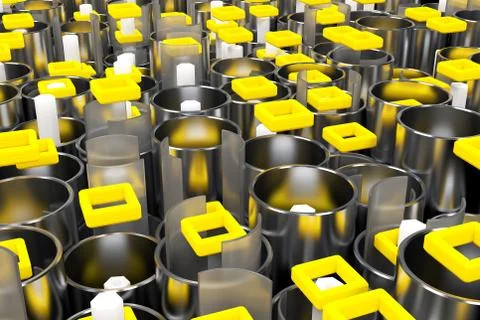Pattern of metal tubes, hexagons, square elements and glass surfaces Stock Illustration