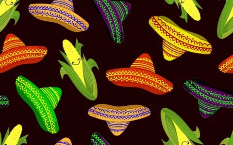 Pattern in mexican style. Pattern seamless pattern with sombrero and corn. Ca Stock Illustration