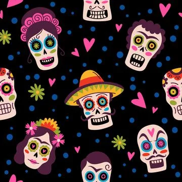 Pattern Mexico. Seamless background, traditional sugar skulls in sombrero Stock Illustration