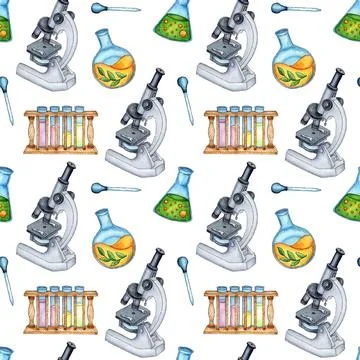 Pattern microscope and flask watercolor 库存插图