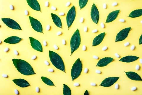 Pattern of mint leaves and white pills for refreshing breath on yellow Stock Photos