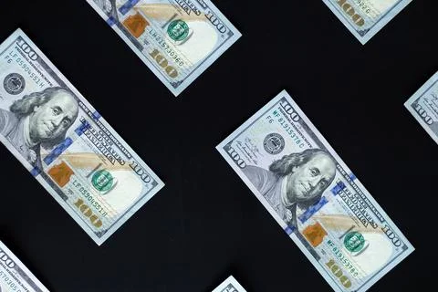 Pattern of Money on black background. closeup of dollars copy space. Investment Stock Photos