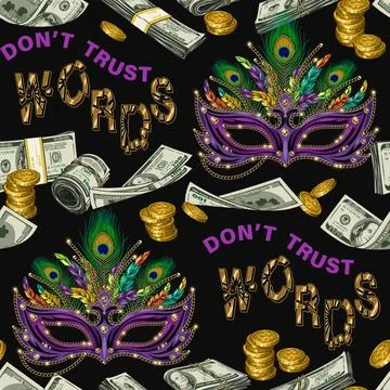 Pattern with money, masquerade mask, feathers, staring blue eyes behind, text Stock Illustration