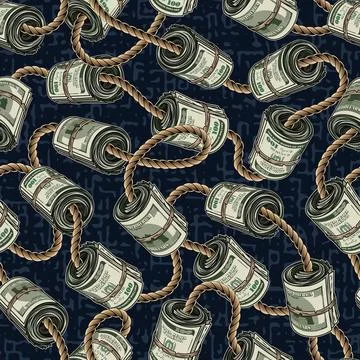 Pattern with money rolls of 100 dollars bills bounded by jute rope Stock Illustration