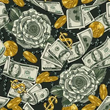 Pattern with money rose made of 100 US dollar notes, golden one dollar coins Illustrazione stock