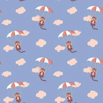 Pattern of monkeys with parachute. Rose Quartz and Serenity colors Stock Illustration