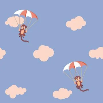 Pattern of monkeys with parachute. Rose Quartz and Serenity colors Stock Illustration