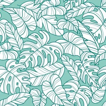 Pattern with monstera and palm leaves on a green background Stock Illustration