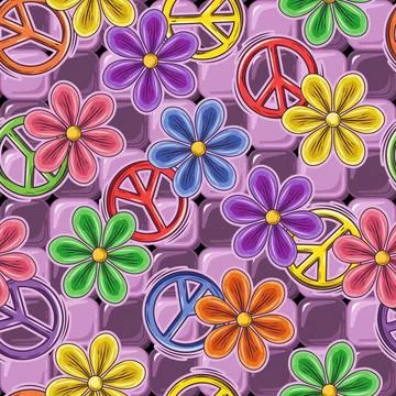 Pattern with mosaic tiles, peace sign, chamomile Stock Illustration
