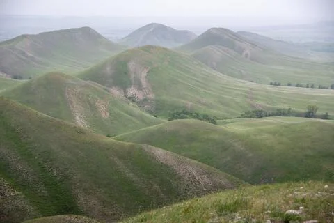 A pattern of mountains, hills covered with green grass, fog. Spring landscape Stock Photos