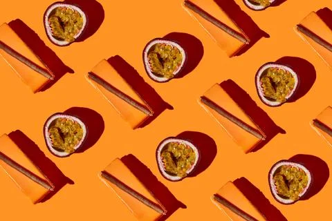 Pattern with mousse cake and passion fruit. Monochrome food poster Stock Photos