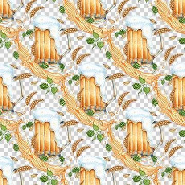 Pattern mug with beer splashes of hops and wheat watercolor Stock Illustration