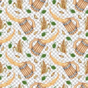 Pattern of a mug with beer splashes, wheat and hops in watercolor Stock Illustration