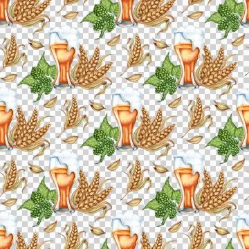 Pattern mug with beer wheat hops watercolor Stock Illustration