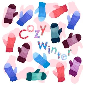 Pattern from multi-colored mittens. Winter cozy illustration. The vector drawing Stock Illustration