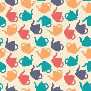 Pattern of multi-colored silhouettes of a teapot. Kettle. Kitchen seamless print Stock Illustration