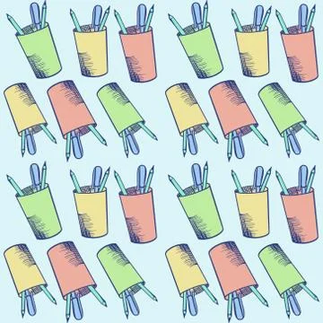 Pattern of multicolored cups with pencils. Stock vector illustration on a blue Stock Illustration