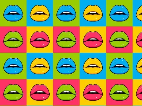 Pattern multicolored lips. Vector illustration in pop art style イラスト素材