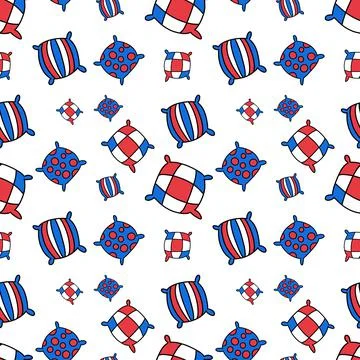 Pattern of multicolored pillows with stripes, polka dots and a cage. Stock Illustration