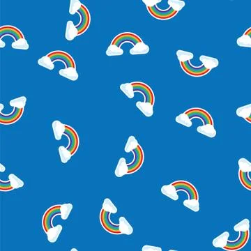 Pattern multicolored rainbow arc and white clouds in blue sky. Colorful rainbow Stock Illustration