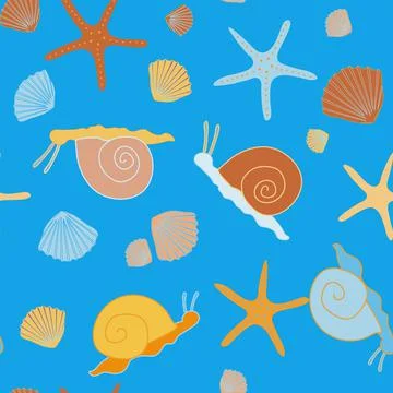 Pattern of multicolored snails and starfish, shells without background Stock Illustration
